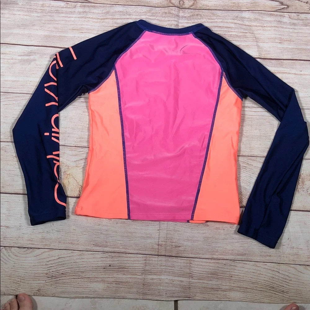 Calvin Klein Pink, Coral & Navy Colorblock Long Sleeve Rash Guard UPF Protection